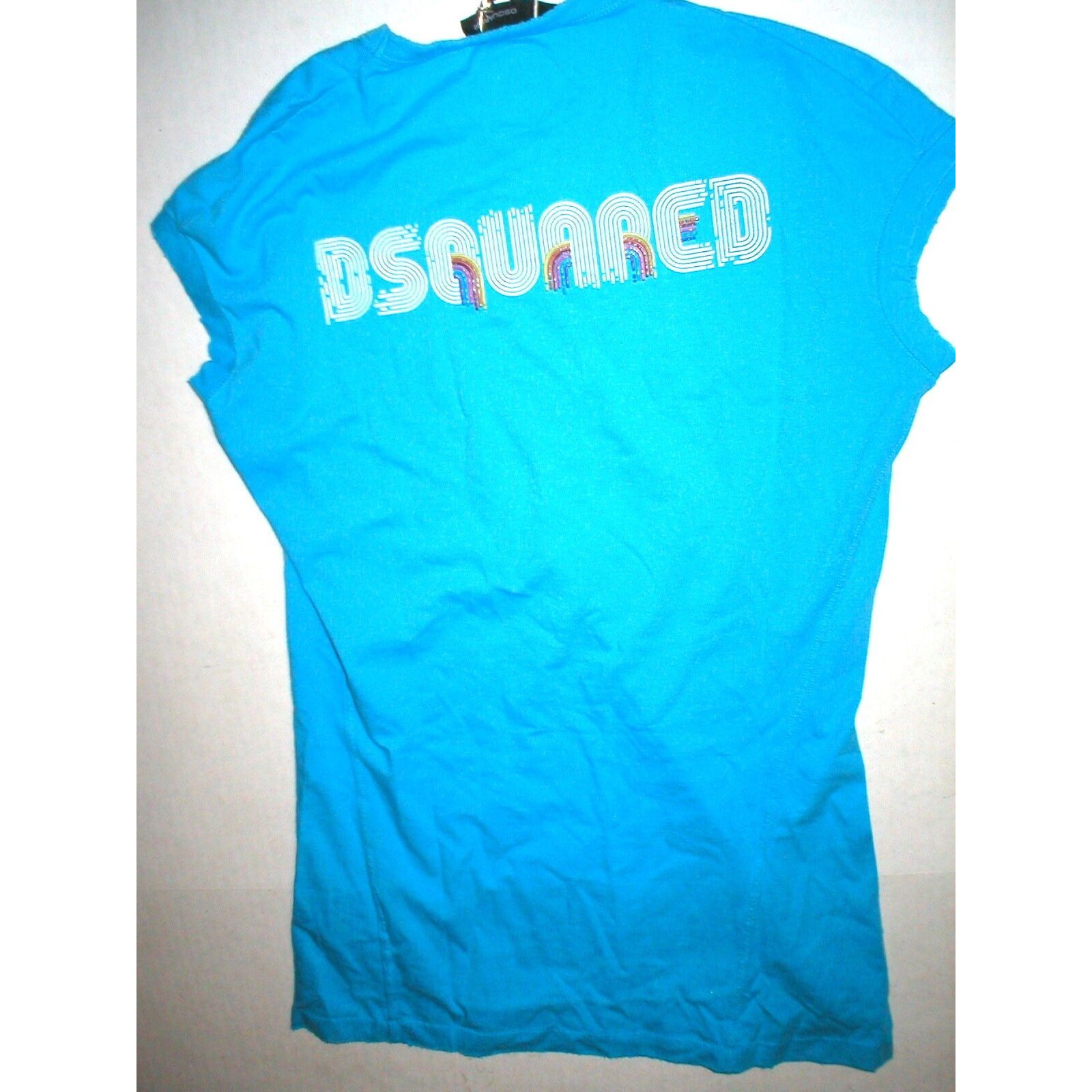 New Womens Dsquared2 Top Tee L Blue Logo Vintage Look Nwt Rainbow Designer Italy